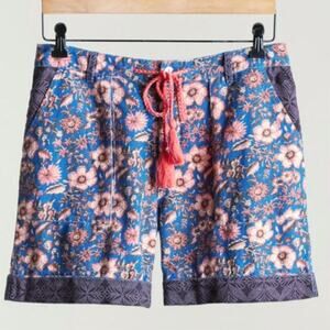 Sundance Kalini Short Floral Linen Sz P Large Blue Red Cuffed Tassle Drawstring